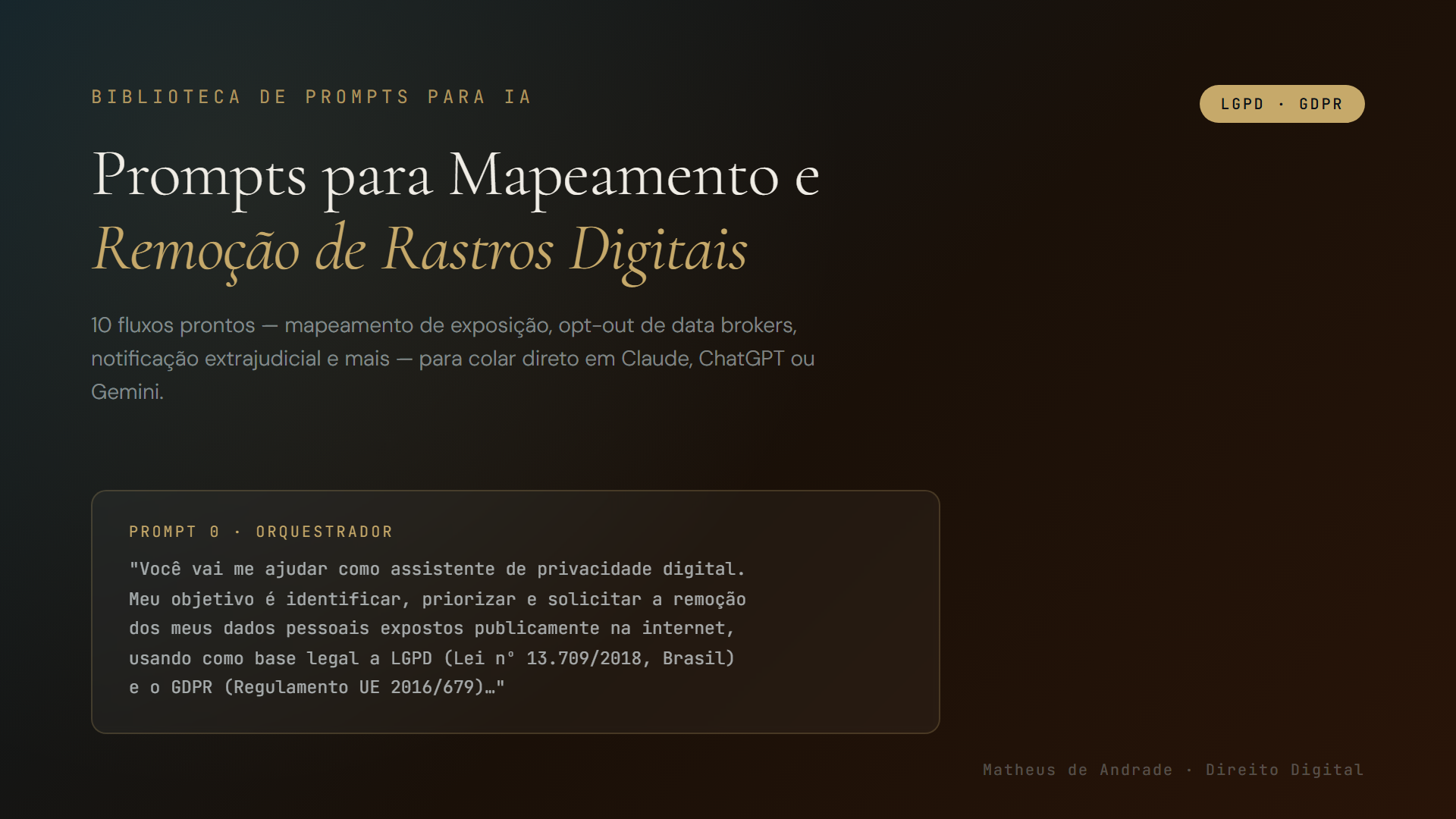 Prompts para Mapeamento e Remoção de Rastros Digitais — biblioteca de prompts para IA baseada na LGPD e no GDPR